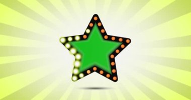 Animasyon güneş ışınlarının arka planında tabela ışıkları olan güzel bir yıldız. Yeşil ekran arka planlı ve etrafında güzel parıldayan tabela ışıkları olan bir yıldız nihayet yaklaşıyor.