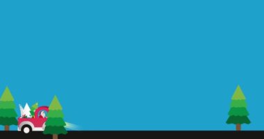 Noel Baba, orman yolunda mavi perdeli kırmızı araba kullanıyor. 4k Canlandırma