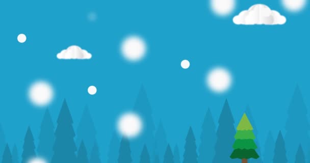 动感图形圣诞快乐的概念 卡通动画在降雪的时候穿过森林 穿过冬季的道路 雪花飘落 — 图库视频影像