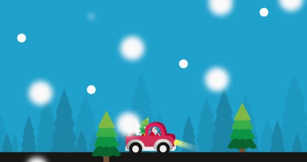 サンタクロースは雪の多い冬の森の道にクリスマスギフトボックスで赤い車を運転します 4Kアニメーションイラスト漫画 — ストック動画