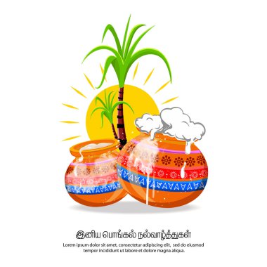 Güney Hindistan 'da Mutlu Pongal Tatil Hasat Festivali' nin vektör çizimi. Happy Pongal Tamil Metnini Çevir.
