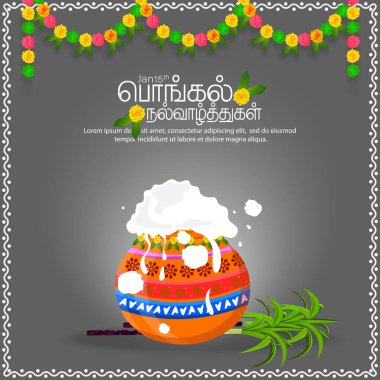 Güney Hindistan Mutlu Kutlama Hasat Festivali Kutlama Arkaplanı. Şeker kamışı ve Pongal çömlekli renkli çiçek çelengi. Happy Pongal Tamil metnini çevir.