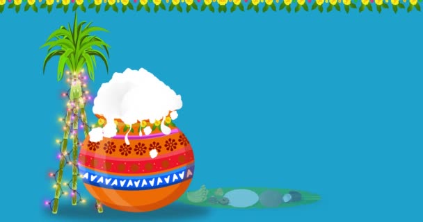 祝大家节日快乐 用连续灯泡装饰的平底锅和甘蔗 翻译快乐Pongal泰米尔语文 — 图库视频影像