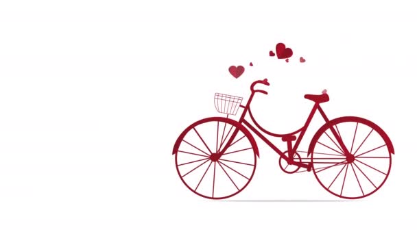 Bicicletta Rossa Animata Cuori Amore Che Volano Dal Cestino Della — Video Stock