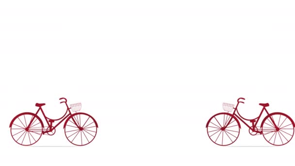 ハッピーバレンタインデー 左右から2台の赤い自転車が近づいてきます 愛の心は自転車のバスケットから飛ぶ 白い背景に描かれた赤いハートのアニメーション 矢印の形の愛の手紙 — ストック動画
