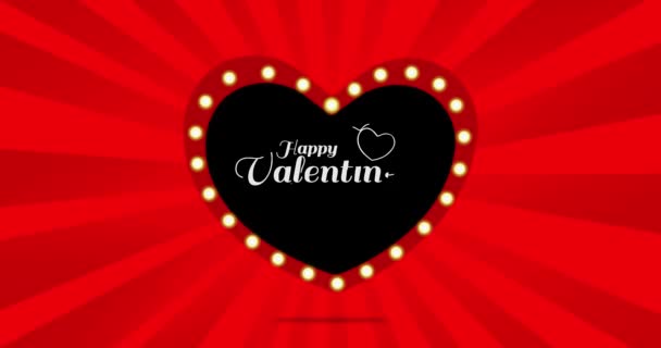 アニメーション化された白い太陽光線の抽象的な背景に輝く光を持つ赤いハート 手書きアニメーションテキスト Happy Valentines Day Red Heart — ストック動画