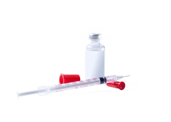 Orvosi Injekciós Üvegek Injekcióhoz Fehér Hátterű Fecskendővel Védőoltás Fogalma — Stock Fotó