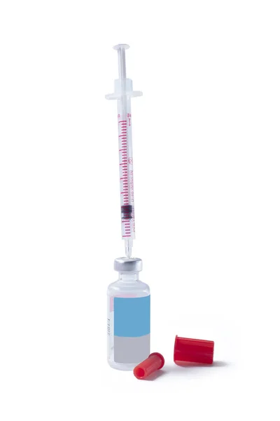 Spruta Och Injektionsflaska Glas Med Coronavirusvaccin Vit Bakgrund — Stockfoto