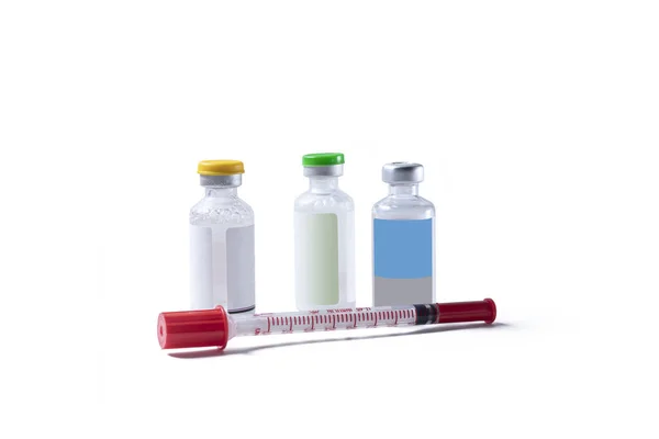 Fehér Alapon Izolált Vakcina Injekciós Üvegek Fecskendő — Stock Fotó