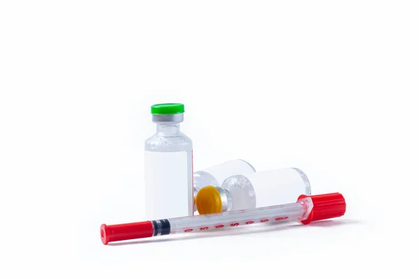 Flaconcini Vaccino Medico Siringa Sfondo Bianco — Foto Stock