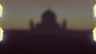 Ramazan Kareem kutlaması. Müslüman cemaatinin kutsal ayı için yıldızlı Arap camii silueti, sallanan geleneksel Ramazan fenerleri ve canlandırılmış Ramazan Kareem metni.