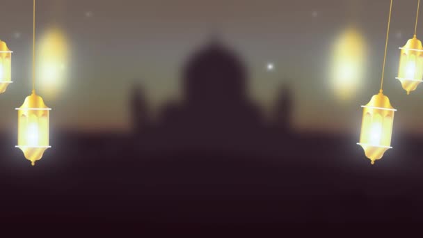 ラマダーン カレームのお祝い イスラム教徒コミュニティの聖なる月の星とアラビア語のモスクのシルエット 伝統的なラマダーンの提灯スイングとアニメーションラマダーンKareemテキスト — ストック動画