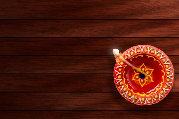 Indiaas Festival Diwali Diwali Deepavali Achtergrond Met Diya Houten Plank — Stockfoto