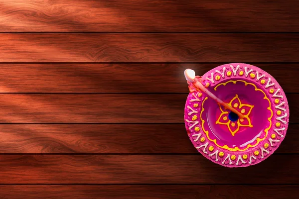 Diwali Diya Wooden Background Copy Space Top View — Stock Photo, Image