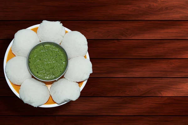 Idly Popular Indian Dish Served Bowl Green Chutney Top View — Stock Photo, Image