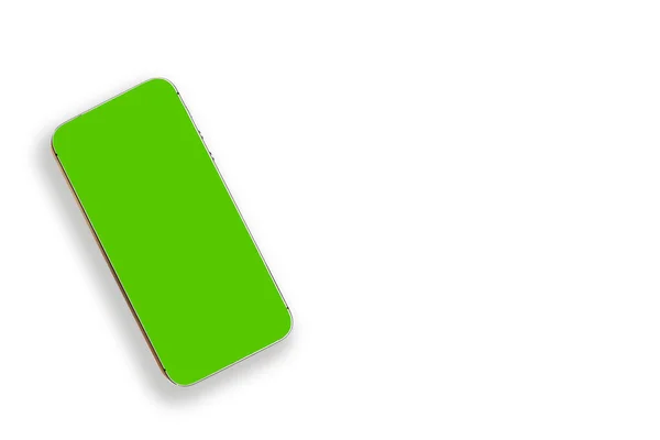 白色背景上有绿色屏幕的智能手机 顶部视图 — 图库照片