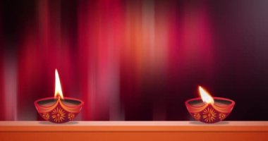 Hint Hindu festivali kutlaması sırasında duvardaki kırmızı soyut arka planda yağ lambası yanıyor. Hindu festivali kutlaması.