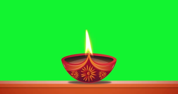 Lámpara Aceite Ardiendo Fondo Pantalla Verde Celebración Diwali Festival Luces — Vídeos de Stock