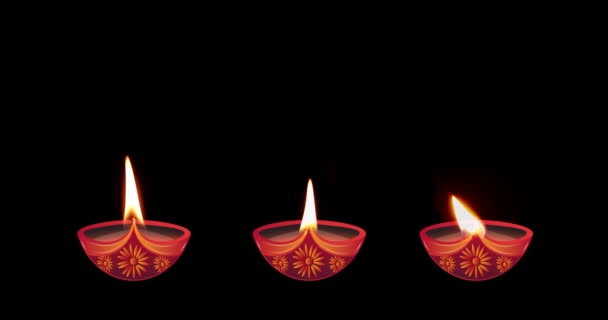 Tres Lámparas Aceite Combustión Diferentes Sobre Fondo Negro Celebración Diwali — Vídeos de Stock