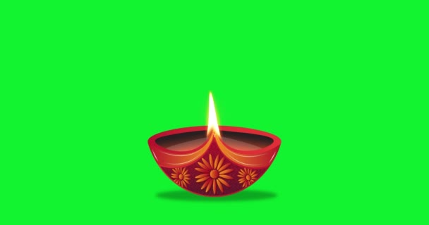 Масляная Лампа Горит Зеленом Фоне Экрана Празднование Дивали Фестиваль Огней — стоковое видео
