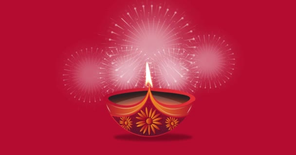 Fireworks Bursting Burning Oil Lamp Red Background Indian Hindu Festival — Stock Video