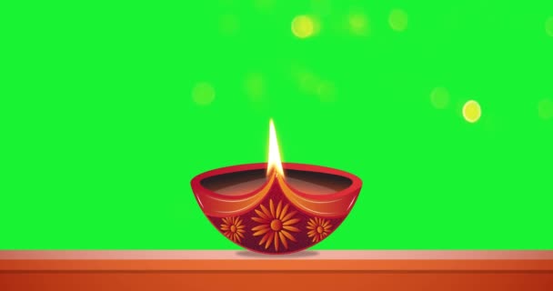 在Diwali庆典期间 烟火在绿色屏幕上爆裂 油灯在墙上燃烧 印度教节日庆祝活动 — 图库视频影像