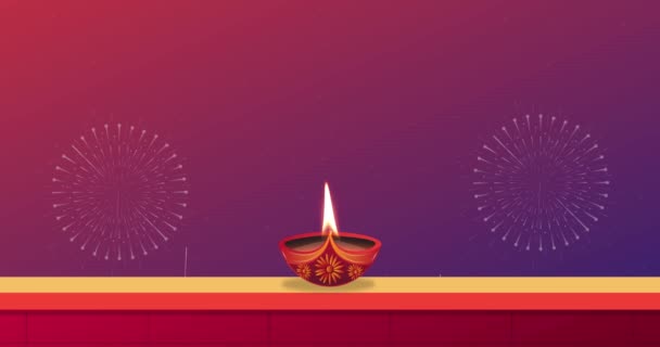 Oil Lamp Burning Wall Fireworks Background Indian Hindu Festival Celebration — Stock Video