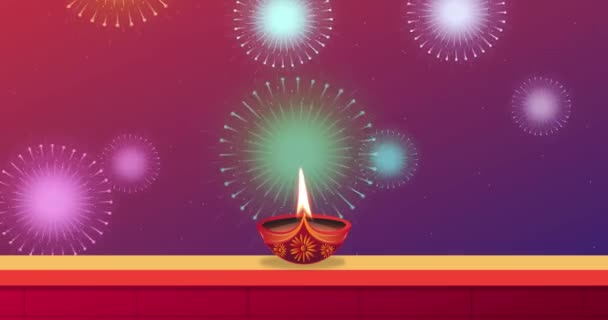 迪瓦利的庆祝活动 以五彩缤纷的烟火背景和燃烧的油灯在墙上 Diwali 节日背景 — 图库视频影像