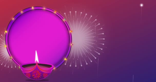 印度印度教节庆期间 烟花背景与燃烧的油灯与圆形框架 快乐的Diwali背景 — 图库视频影像