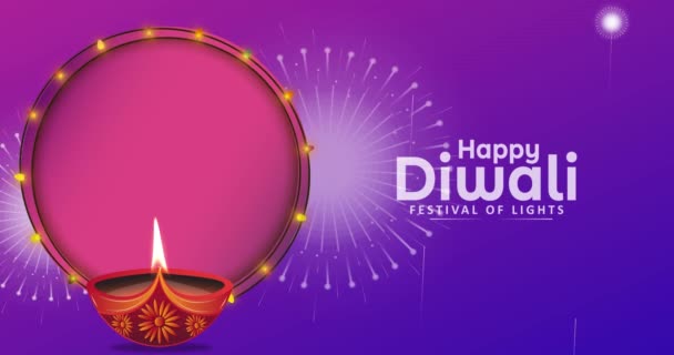 Diwali Grußtext Und Feuerwerk Hintergrund Mit Brennenden Öllampe Mit Kreisförmigem — Stockvideo