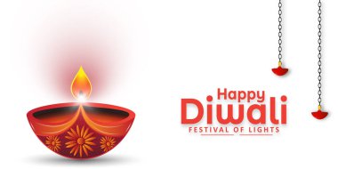 Mutlu Diwali bayramı kutlamaları güzel Diwali diya petrol lambası afişi tasarlandı beyaz arka planda.