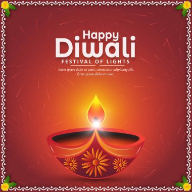 Işık bayramınız kutlu olsun. Kırmızı arka planda havai fişek ve diya yağı lambası ile tebrik kartı tasarımı..