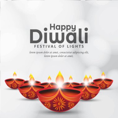 Işık tebrik kartı tasarımı Diwali Festivali 'n kutlu olsun. Güzel Diwali diya gaz lambaları beyaz bokeh arka planda.