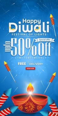 Mutlu Diwali Tanıtım Satışı Sancak Tasarım Şablonu 'nda% 50 indirim. Diwali Festivali 'nin arka planında havai fişekler olan Diwali Diya yağ lambası. Vektör illüstrasyonu