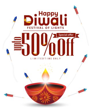 Mutlu Diwali Tanıtım Afiş Tasarım Şablonu 'nda% 50 indirim. Diwali Festivali 'nin beyaz arka planında havai fişekli Diwali Diya yağı lambası. Vektör illüstrasyonu