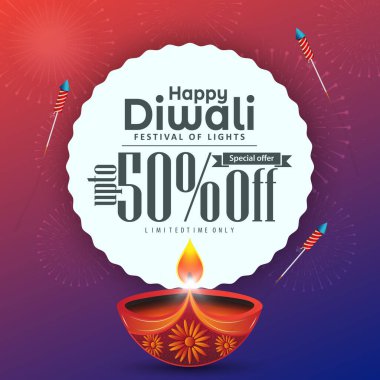 Diwali festivali için% 50 indirimli reklam pankartı tasarımı. Vektör illüstrasyonu