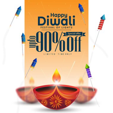 Diwali festivali için% 90 indirimli reklam pankartı tasarımı. Vektör illüstrasyonu