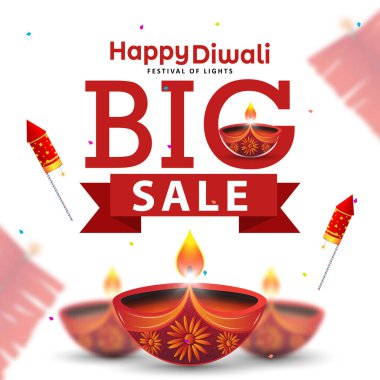 Mutlu Diwali büyük satış pankartı tasarım şablonu diya yağı lambası ve krakerler. Vektör illüstrasyonu.