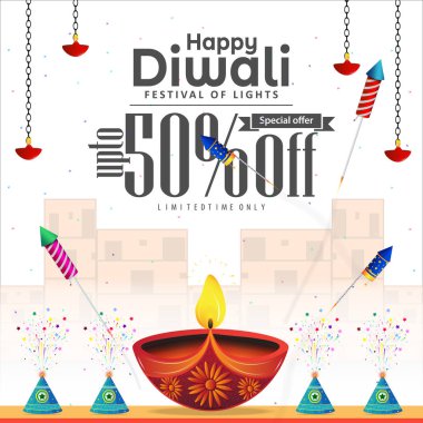 Diwali festivali için% 50 indirimli reklam pankartı tasarımı. Vektör illüstrasyonu.