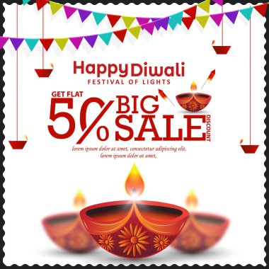 Diwali festivali için% 50 indirimli reklam pankartı tasarımı. Vektör illüstrasyonu.