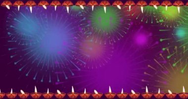 Diwali Diya Yağ Lambası 'nın animasyon hareketli grafikleri renkli havai fişeklerle arka planda sağa sola hareket ediyor. Hindu Festivali, Diwali Kutlaması, Karthika Deepa Festivali.