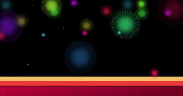 Анимированная Графика Движения Разноцветных Фейерверков Черном Фоне Стеной Переднем Плане — стоковое видео
