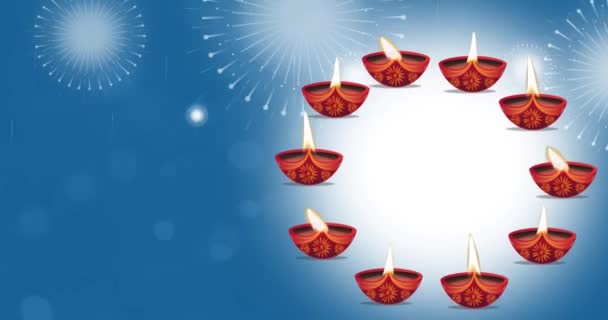 Boldog Diwali Motion Animált Háttér Forgó Diwali Diya Olajlámpa Tűzijátékkal — Stock videók