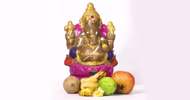ガネーシャ チャタチー祭りは ガネーシャ彫刻に花を振りかけることによって ヒンドゥー教の神ガネーシャと果実のガネーシャ彫刻で祝われます — ストック動画
