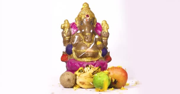 白い背景にヒンドゥー教の神ガネシャの彫刻 ガネシャ卿の祭りを祝う — ストック動画
