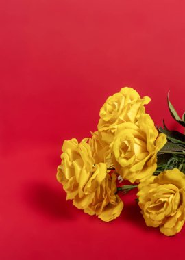 Kırmızı arkaplanda sarı gül buketi, metin için yer.