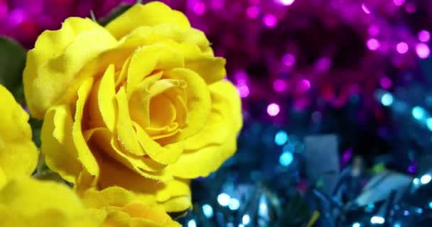 Крупный План Искусственной Желтой Розы Сверкающем Синем Розовом Фоне Мишуры — стоковое видео
