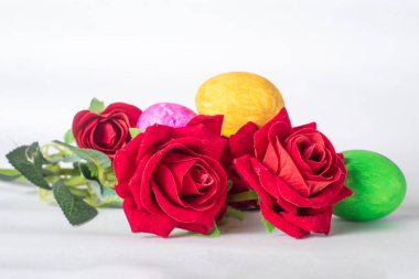 Paskalya yumurtaları ve beyaz zemin üzerinde kırmızı gül ve metin için fotokopi alanı. Mutlu Paskalyalar.