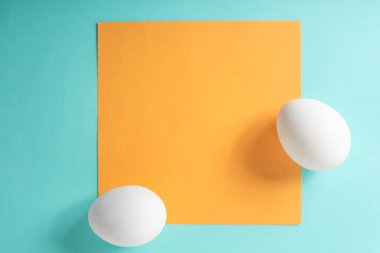 Mavi arka planda sarı kartı olan iki beyaz yumurta. Üst görünüm