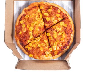 Freshly baked pizza with cheese and corn served in a disposable takeaway box. Ideal for delivery, fast food, snacking. clipart